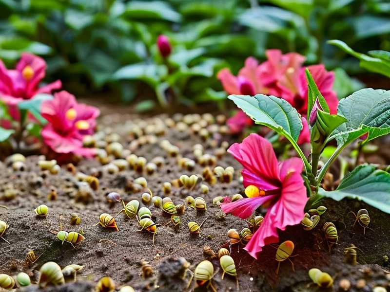 How to prevent ant mounds under hibiscus mulch from sheltering pest eggs and larvae